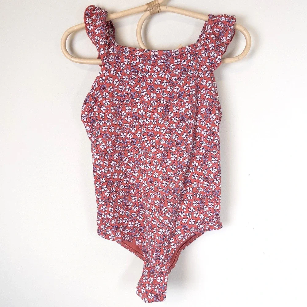 H&M‎ Floral One Piece Swimsuit Girls 5T 6T Rust Ruffle Shoulder Seersucker
